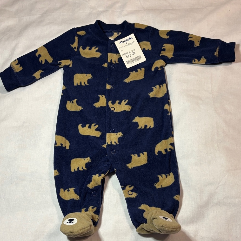Carter's Bear Print Footie Sleeper Blue Tan 3M NWT